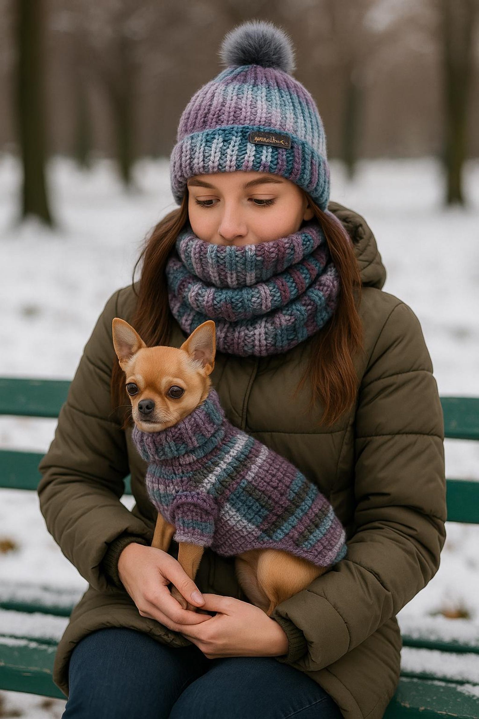 Wildpul® Partner-Set: Handgestrickter Hunde-Pullover mit Mütze & Schal für Dog Mom – Matchy Outfit