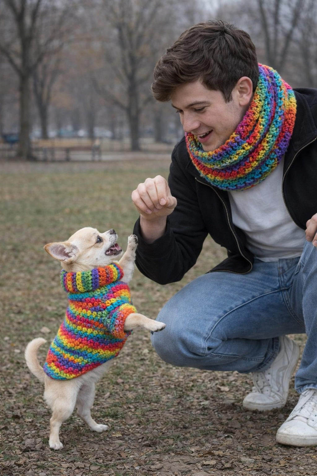Wildpul® Partner-Set: Handgestrickter Hunde-Pullover mit passendem Schal für Dog Mom & Dog Dad