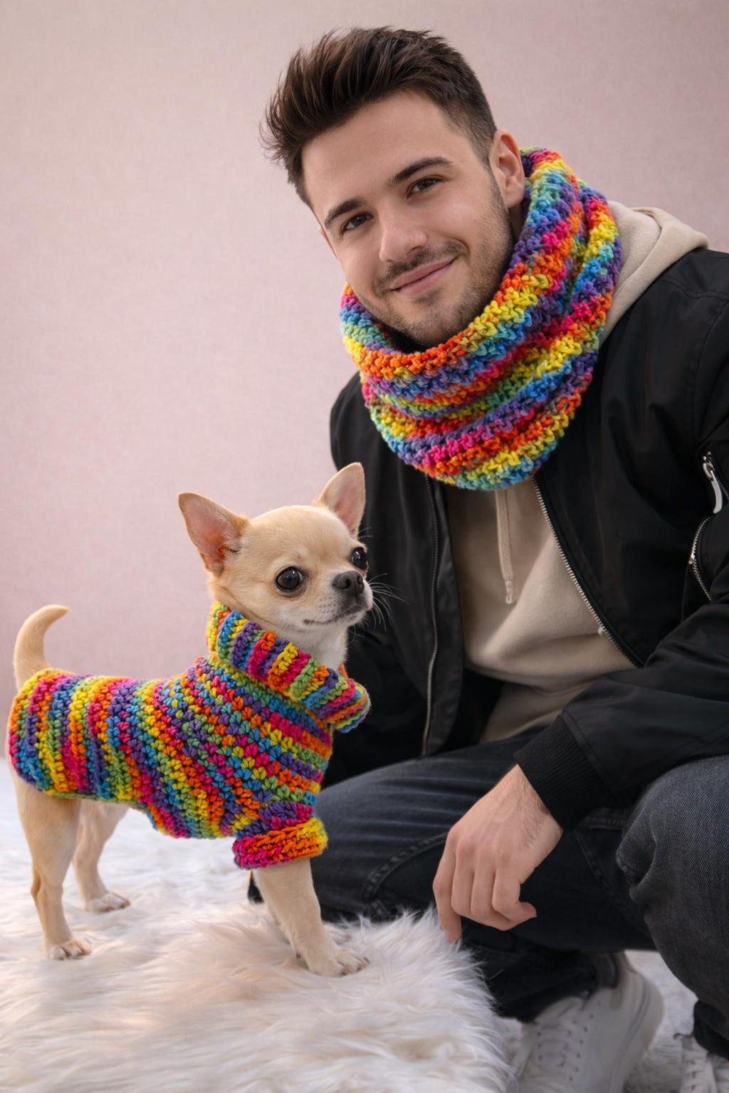 Wildpul® Partner-Set: Handgestrickter Hunde-Pullover mit passendem Schal für Dog Mom & Dog Dad