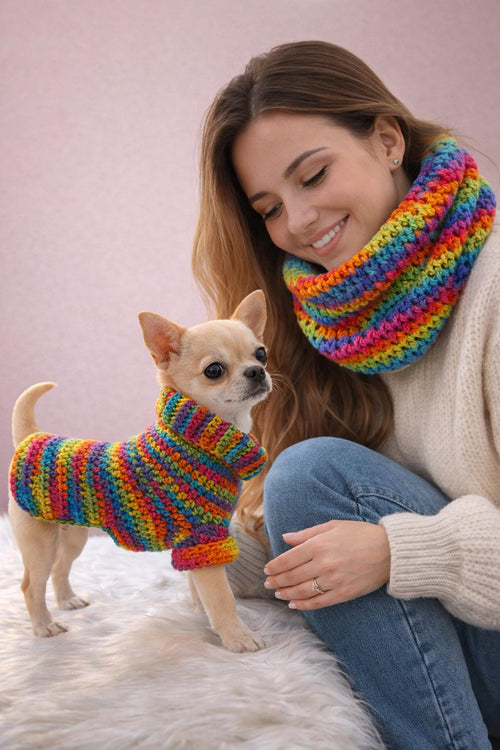 Wildpul® Partner-Set: Handgestrickter Hunde-Pullover mit passendem Schal für Dog Mom & Dog Dad