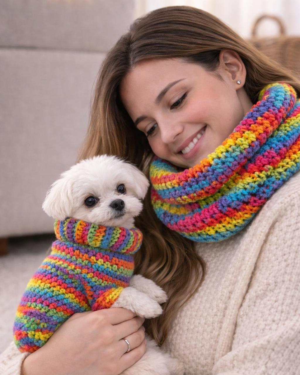 Wildpul® Partner-Set: Handgestrickter Hunde-Pullover mit passendem Schal für Dog Mom & Dog Dad